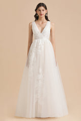 Simple Ivory V-Neck Tulle Lace Wedding Dress | Appliques Garden Bridal Gowns