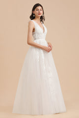 Simple Ivory V-Neck Tulle Lace Wedding Dress | Appliques Garden Bridal Gowns