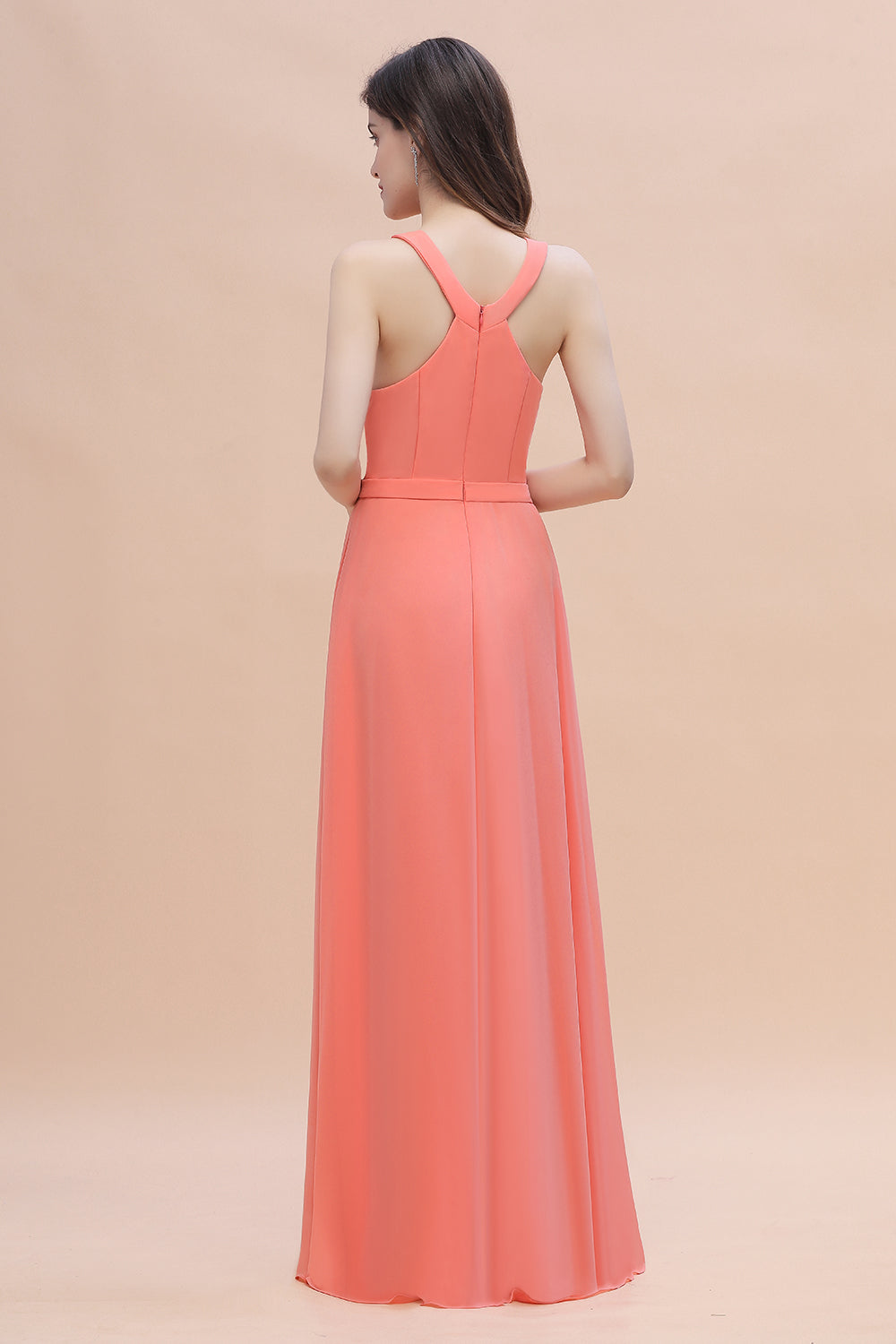 Simple Jewel Sleeveless Coral Chiffon Bridesmaid Dress