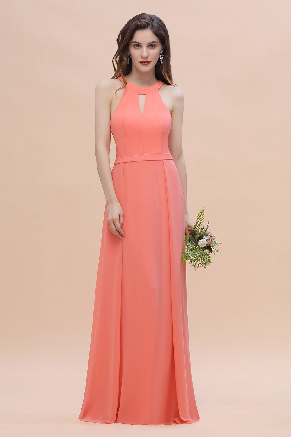 Simple Jewel Sleeveless Coral Chiffon Bridesmaid Dress