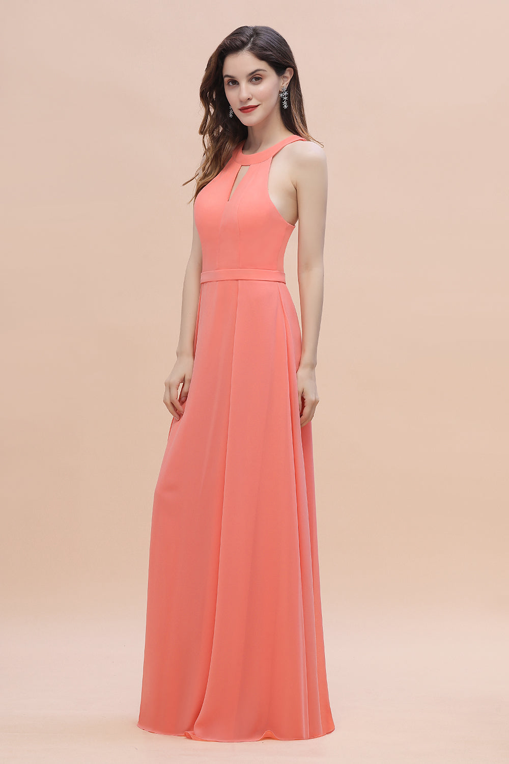 Simple Jewel Sleeveless Coral Chiffon Bridesmaid Dress
