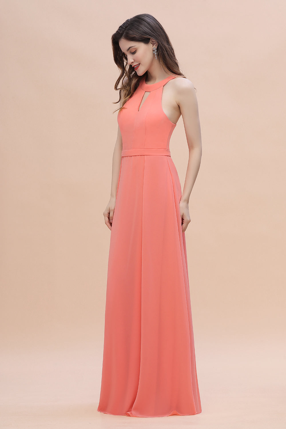 Simple Jewel Sleeveless Coral Chiffon Bridesmaid Dress