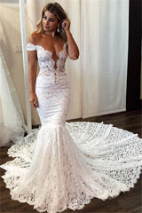 Simple Lace Mermaid Beach Wedding Dresses | Sexy Off-the-Shoulder Bridal Gowns