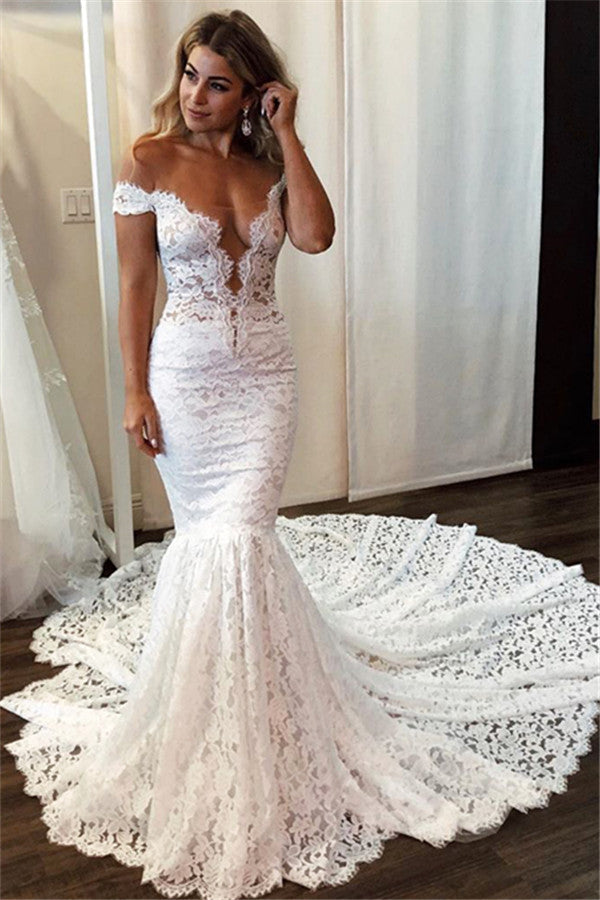 Simple Lace Mermaid Wedding Dresses | Sexy Off-the-Shoulder Bridal Gowns