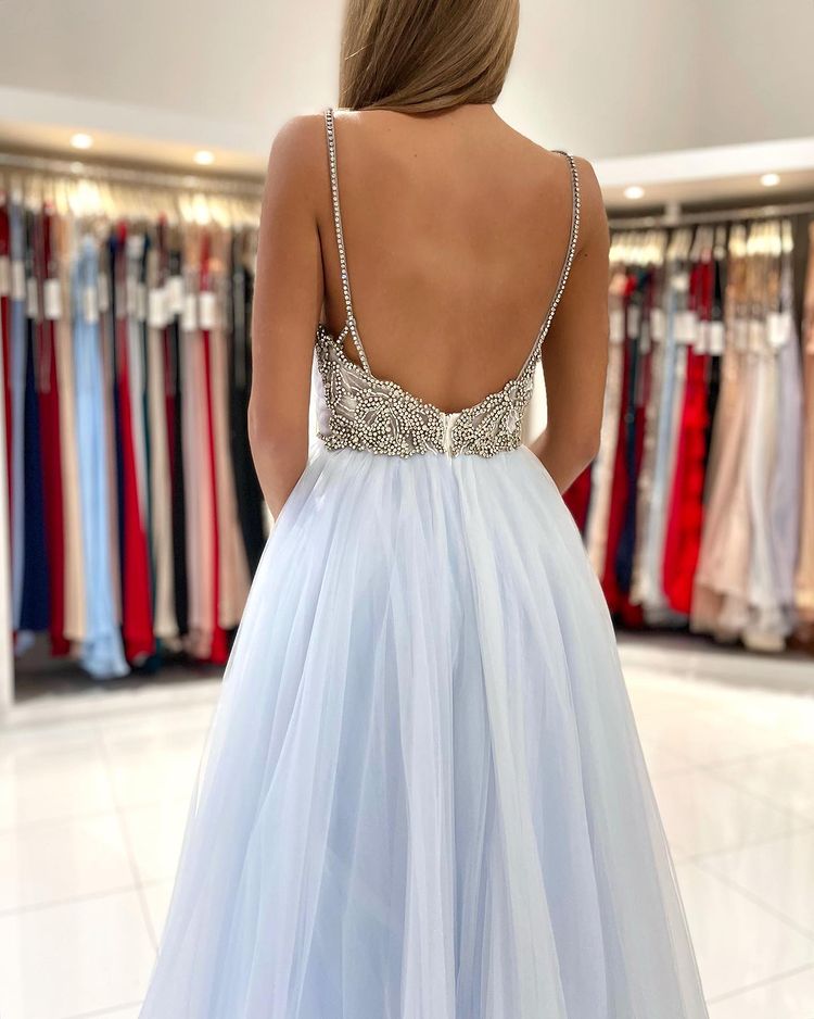 Simple Lighter Blue Backless Spaghetti Straps Long Prom Dresses