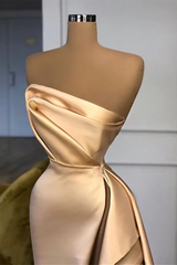 Simple Long A-line Champagne Strapless Prom Dress Split Long