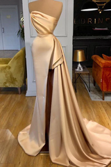 Simple Long A-line Champagne Strapless Prom Dress Split Long