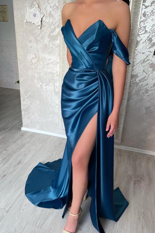 Simple Long Blue Off-the-shoulder Prom Dress With Slit