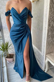 Simple Long Blue Off-the-shoulder Prom Dress With Slit