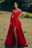 Simple Long Red Off-the-shoulder Split Mermaid Prom Dresses