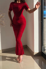 Simple Long Red Sequins Mermaid Prom Dresses with Short Sleeves