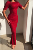 Simple Long Red Sequins Mermaid Prom Dresses with Short Sleeves