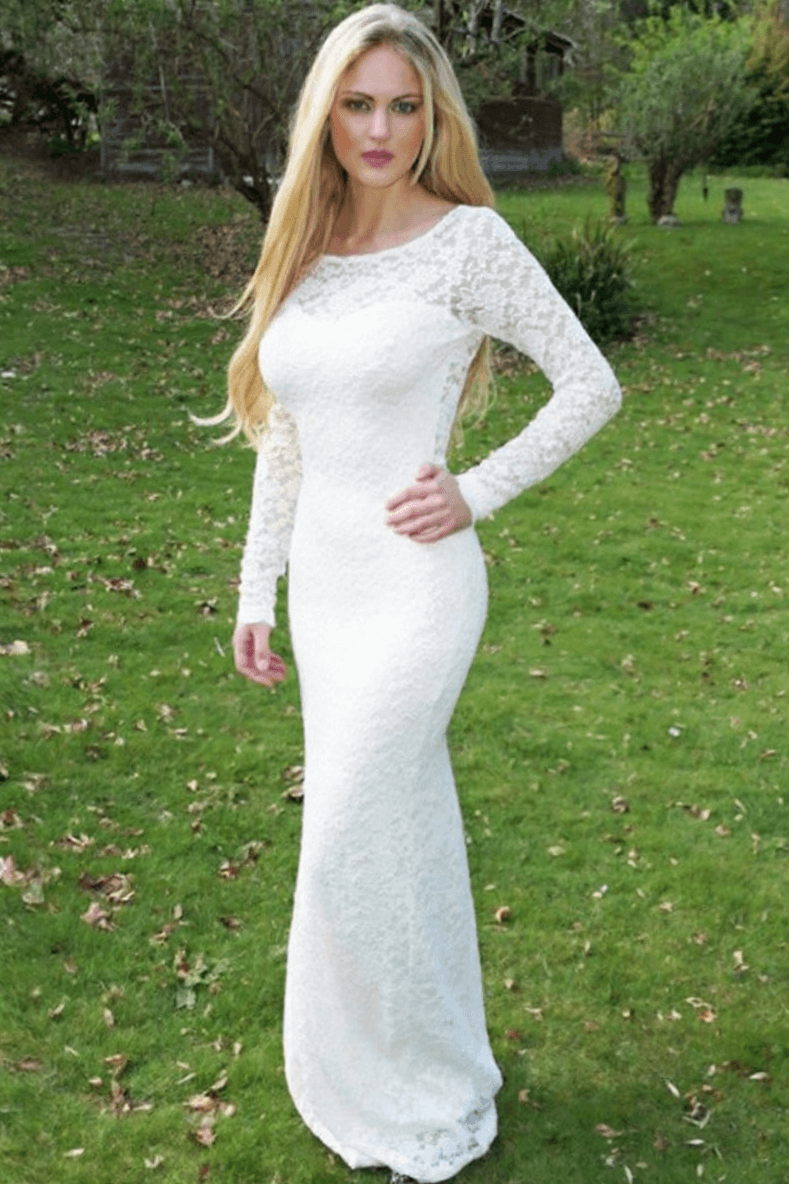 Simple Long Sleeves Lace Beach Wedding Dresses Mermaid Beach Bridal Dresses