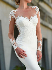 Simple Long Sleeves Tulle Jewel White Mermaid Beach Wedding Dresses