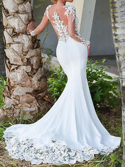 Simple Long Sleeves Tulle Jewel White Mermaid Wedding Dresses