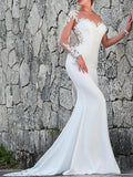 Simple Long Sleeves Tulle Jewel White Mermaid Wedding Dresses