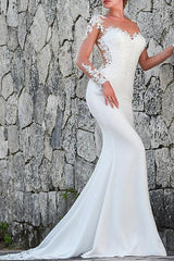 Simple Long Sleeves Tulle Jewel White Mermaid Wedding Dresses