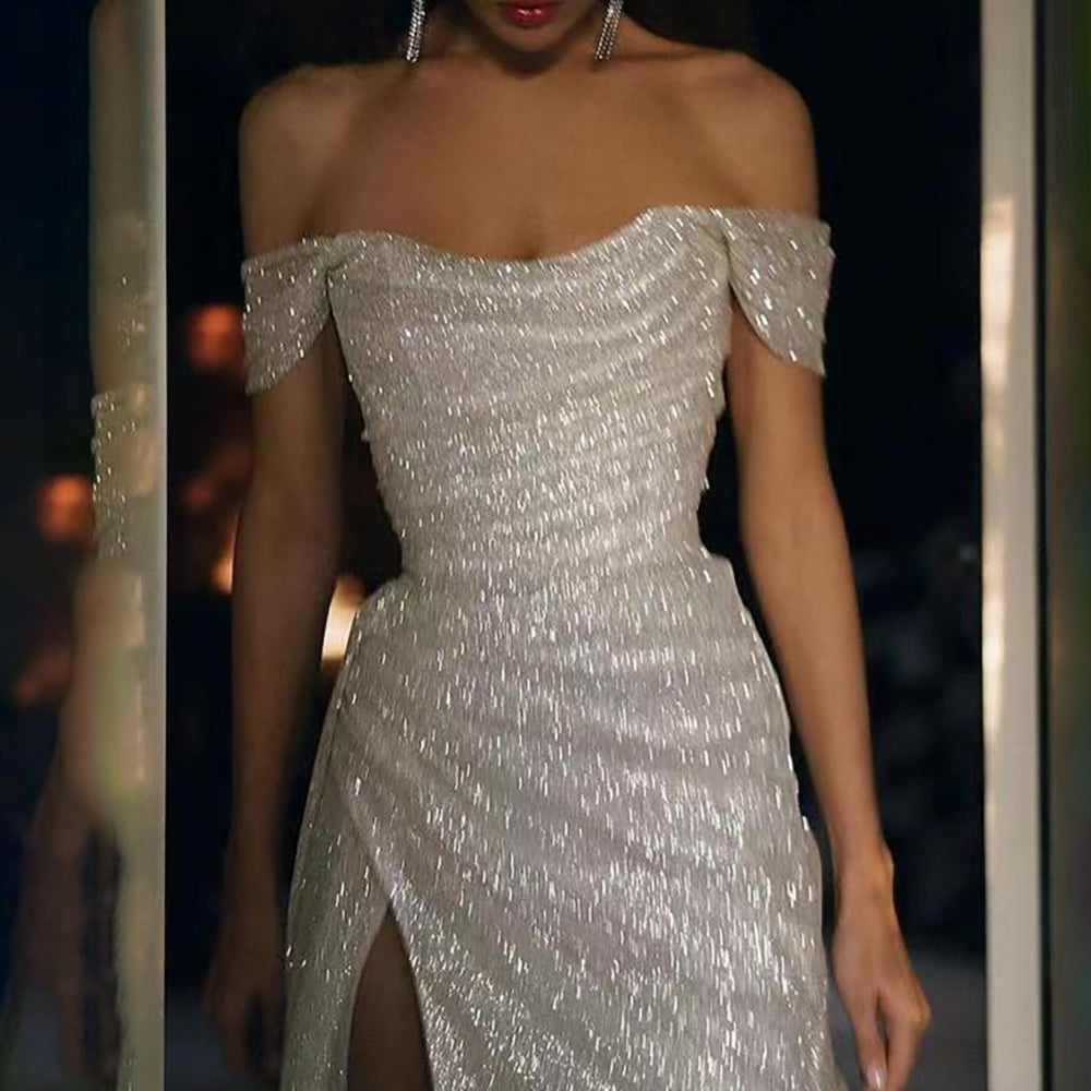 Simple Off-the-shoulder Sleeveless A-line Sequined Wedding Dress Split Long