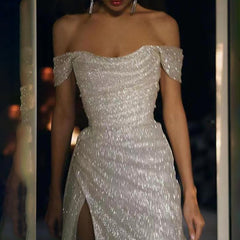 Simple Off-the-shoulder Sleeveless A-line Sequined Wedding Dress Split Long