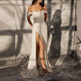 Simple Off-the-shoulder Sleeveless A-line Sequined Wedding Dress Split Long