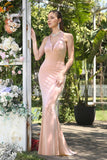 Simple Pink Halter Sleeveless Mermaid Floor-Length Satin Prom Dresses