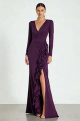 Suzhoufashion Simple Plum Satin V-Neck Long Sleeves Prom Dress With Ruffles
