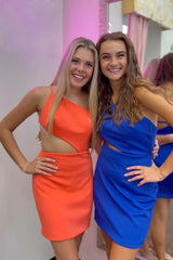 Simple Royal Blue Homecoming Dresses One Shoulder Cut Out Tight Short Cocktail Dresses