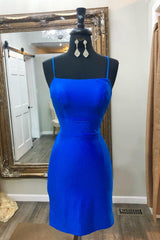 Simple Royal Blue Homecoming Dresses Satin Tight Short Cocktail Dresses