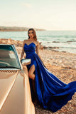 Simple Royal Blue Long A-line Sleeveless Prom Dresses With Slit