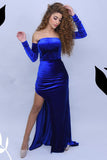 Simple Royal Blue Strapless Off-the-shoulder Long Sleeve Floor-length Prom Dresses with Slit