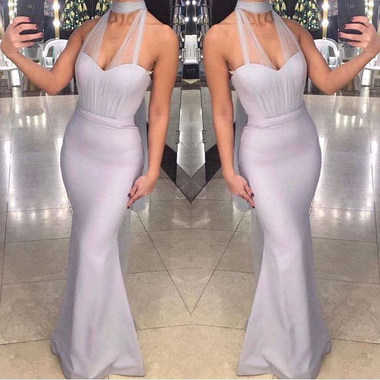 Simple Sleeveless Floor-Length Mermaid Prom Dresses | High Neck Tulle Evening Gown