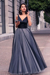 Simple V-Neck Floor Length Prom Dress A-Line Tulle Bowknot Formal Occasion Dresses