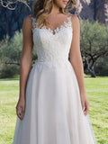 Simple V Neck Tulle Ivory Sleeveless Lace A-Line Wedding Dresses