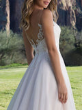 Simple V Neck Tulle Ivory Sleeveless Lace A-Line Wedding Dresses