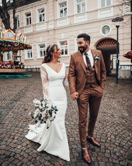 Simple V-neck Lace Mermaid Beach Wedding Dresses with Sleeves