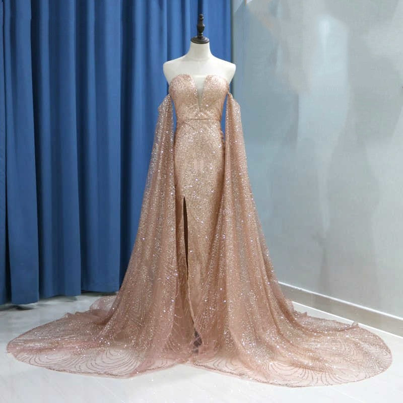 Site-slit Long-sleeve Gold Off-the-shoulder Sheath Sequin Prom Dresses
