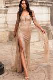 Site-slit Long-sleeve Gold Off-the-shoulder Sheath Sequin Prom Dresses