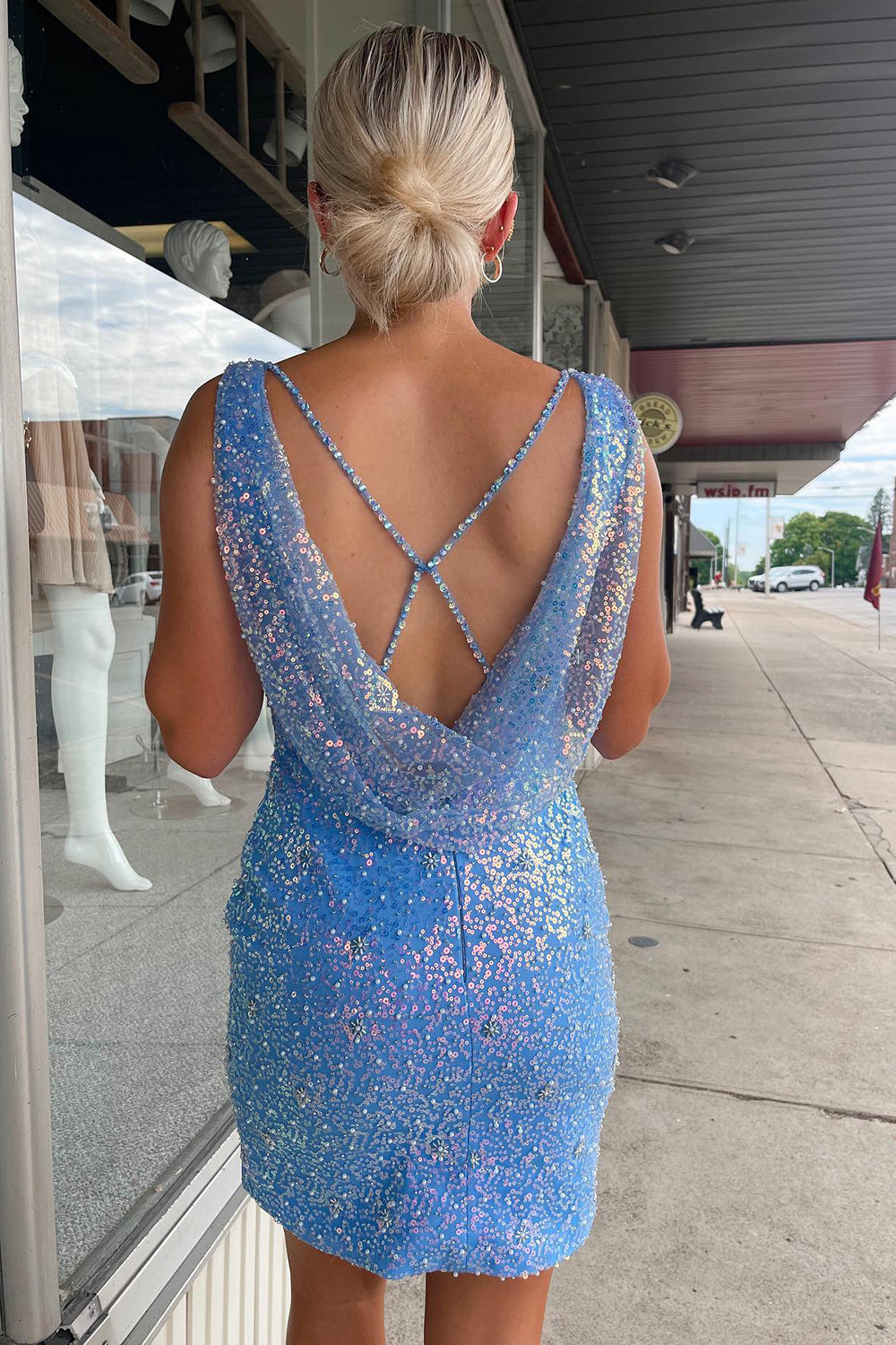 Sky Blue Homecoming Dresses Sequin Sheath Prom Dress with Split Front