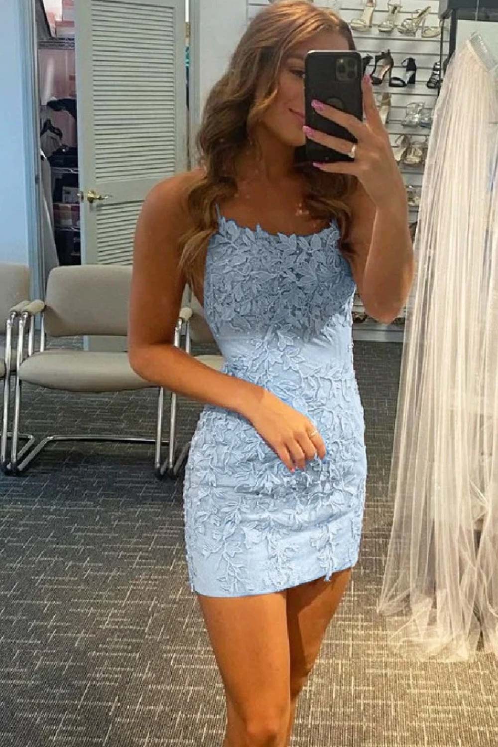Sky Blue Homecoming Dresses Short Tight Prom Dress with Lace Beading