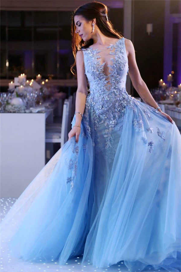 Sky Blue Lace Appliques Prom Dresses | Sleeveless Sexy Overskirt Tulle Beads Evening Dress