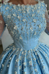 Sky Blue Prom Dress A Line Satin Rhinestones Formal Dress With Sleeves