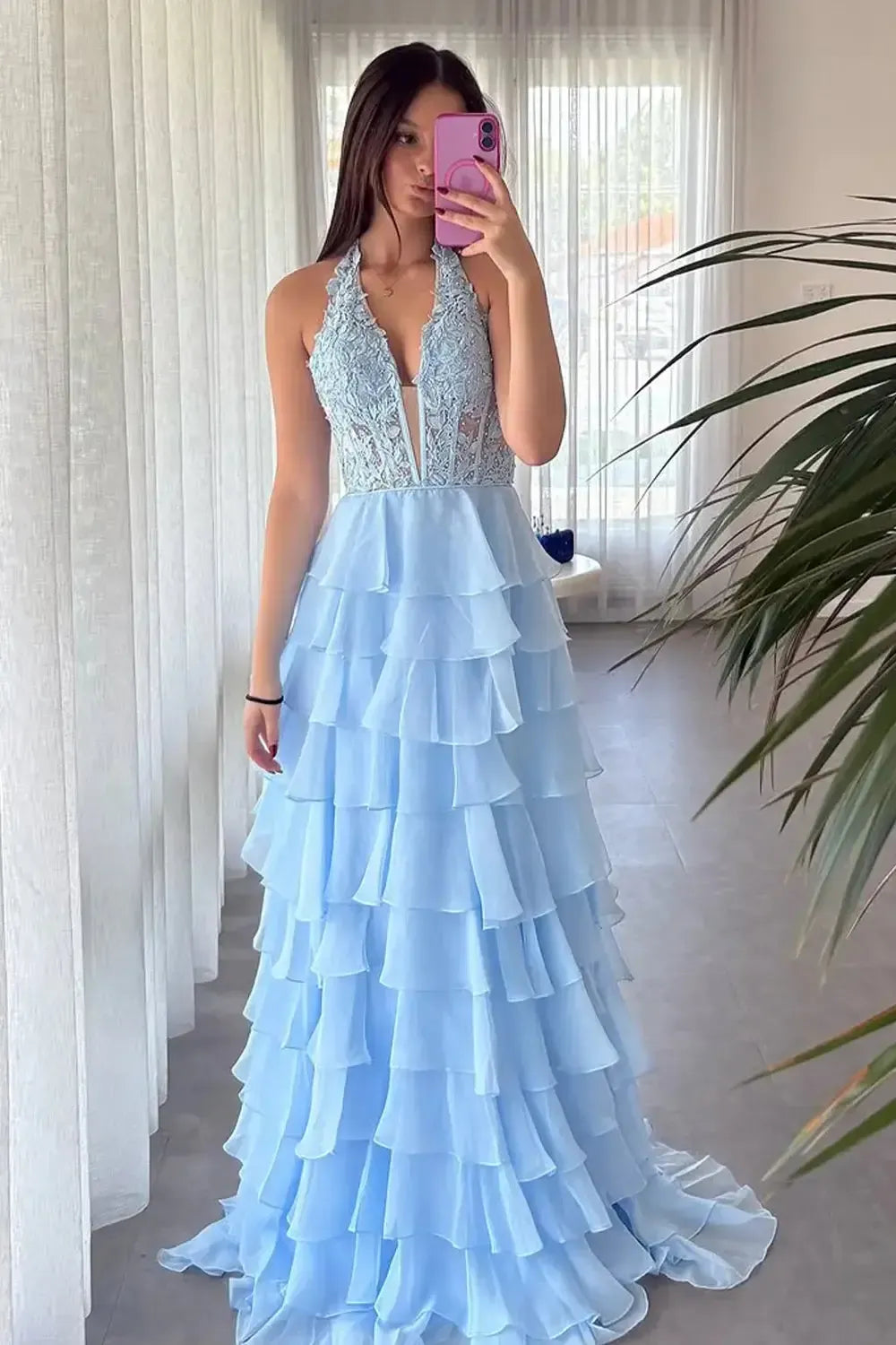 Sky Blue Prom Dress Ruffled Halter Corset Formal Dress With Slit