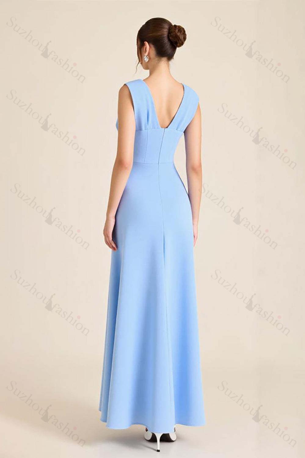Sky Blue Prom Dress Satin Sheath V Neck Long Formal Dress With Flowers