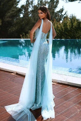 Sky Blue Prom Dress Spaghetti Strap Beading Mermaid V Neck Evening Formal Dress Sequined With Split
