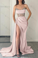 Sky Blue Prom Dress Strapless Mermaid Evening Formal Dress Split With Beadings