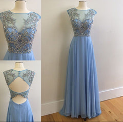 Sky Blue Prom Dresses Sparkly Crystals Open Back Long Evening Dress CE046
