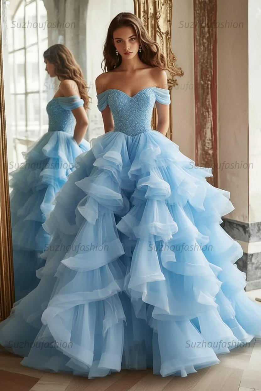 Pink Tiered Prom Dress Off the Shoulder A Line Formal Dress