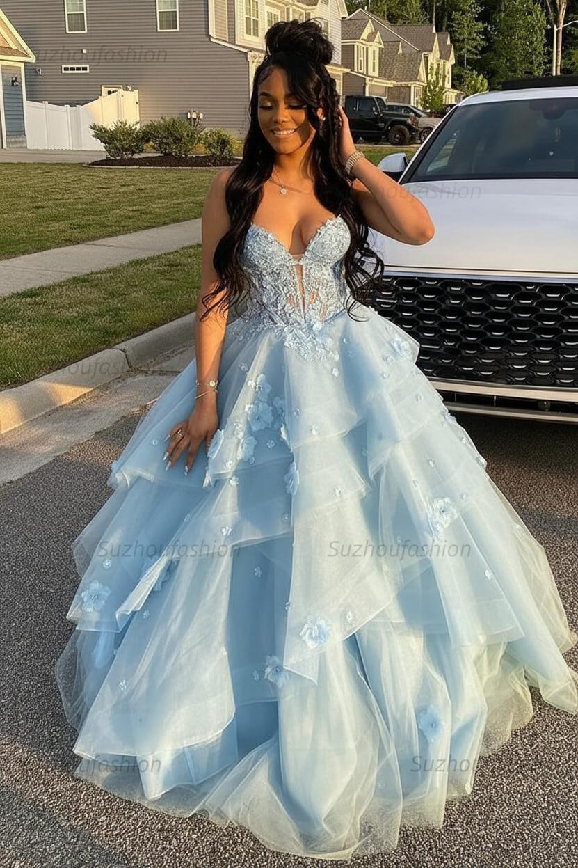 Suzhoufashion Women Sage Prom Dress Floral Tiered Ruffles A-Line Sweetheart Corset  Long Formal Dress – suzhoufashion