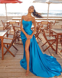 Sleek Strapless Royal Blue Ruffles Front-Split Mermaid Prom Dresses