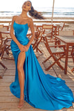 Sleek Strapless Royal Blue Ruffles Front-Split Mermaid Prom Dresses